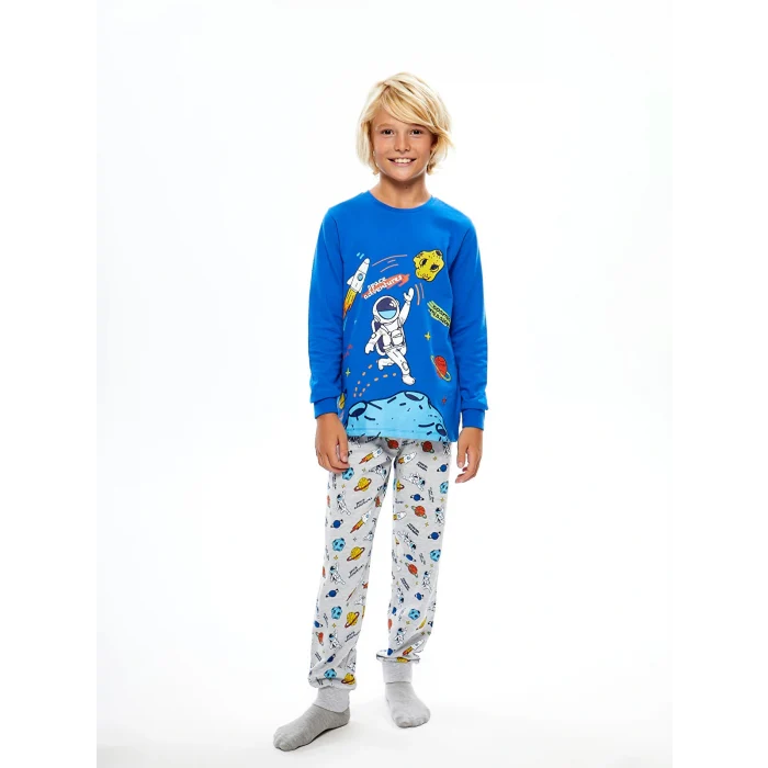 LCW Kids Mavi Bisiklet Yaka Baskılı Uzun Kollu Erkek Çocuk Pijama Takımı