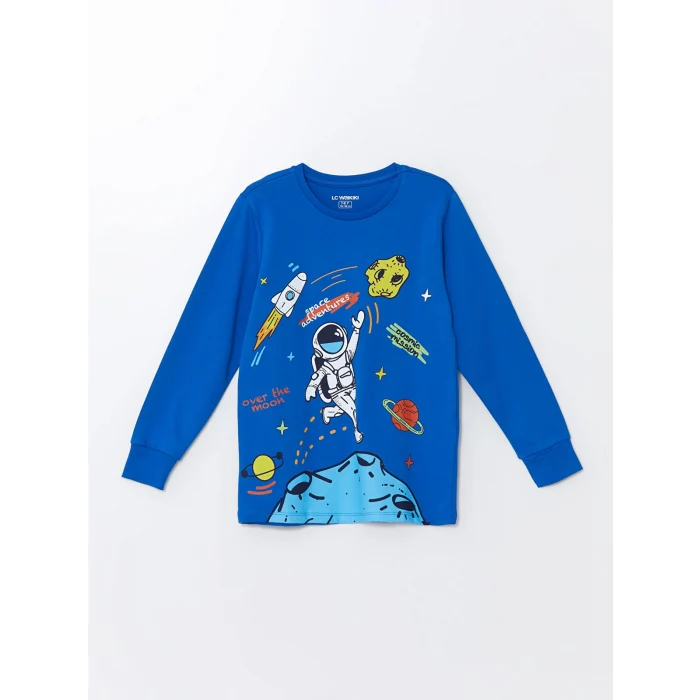 LCW Kids Mavi Bisiklet Yaka Baskılı Uzun Kollu Erkek Çocuk Pijama Takımı