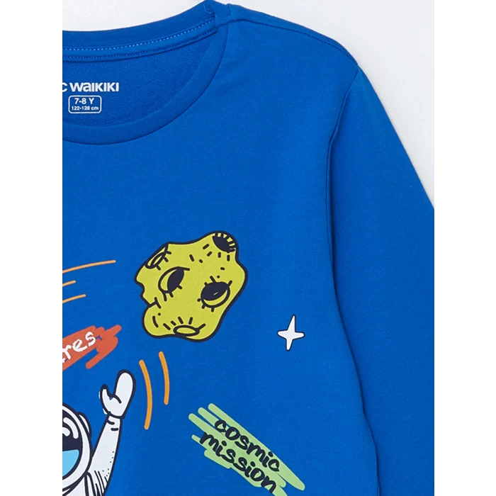 LCW Kids Mavi Bisiklet Yaka Baskılı Uzun Kollu Erkek Çocuk Pijama Takımı