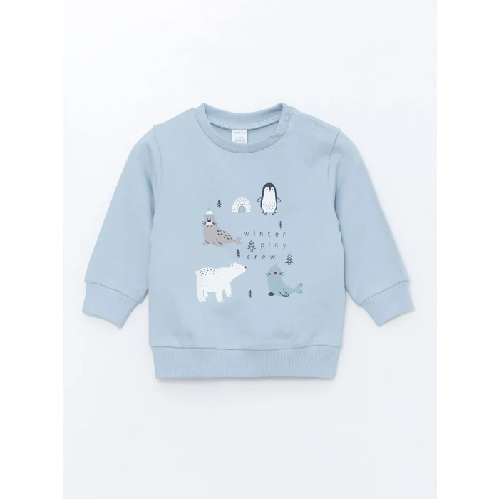 LCW baby Mavi Bisiklet Yaka Baskılı Erkek Bebek Sweatshirt ve Eşofman Alt 2li Takım