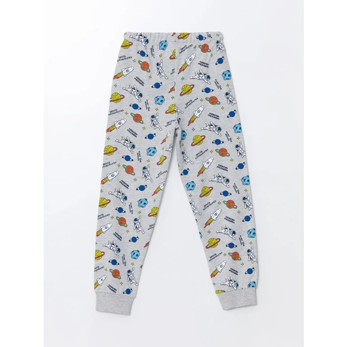 LCW Kids Mavi Bisiklet Yaka Baskılı Uzun Kollu Erkek Çocuk Pijama Takımı