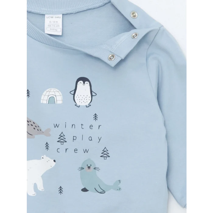 LCW baby Mavi Bisiklet Yaka Baskılı Erkek Bebek Sweatshirt ve Eşofman Alt 2li Takım