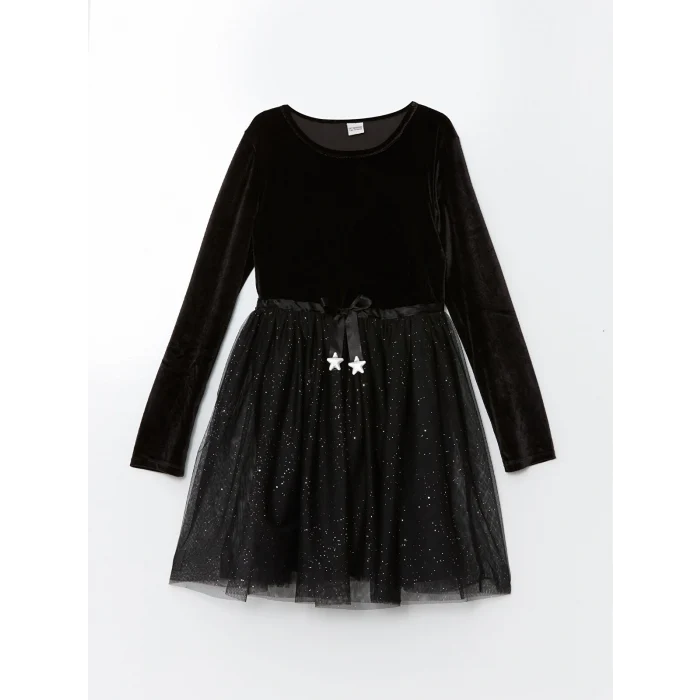 LCW Kids Siyah Bisiklet Yaka Kadife Kız Çocuk Elbise