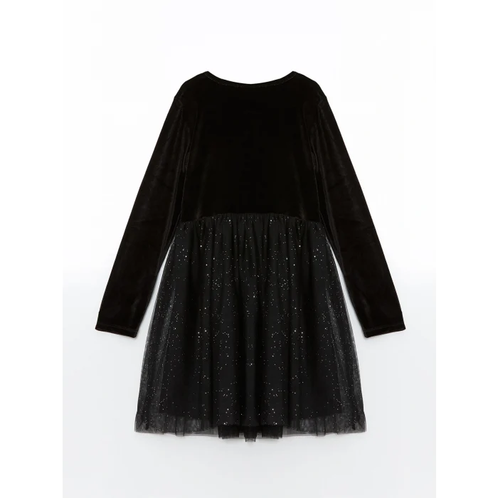 LCW Kids Siyah Bisiklet Yaka Kadife Kız Çocuk Elbise