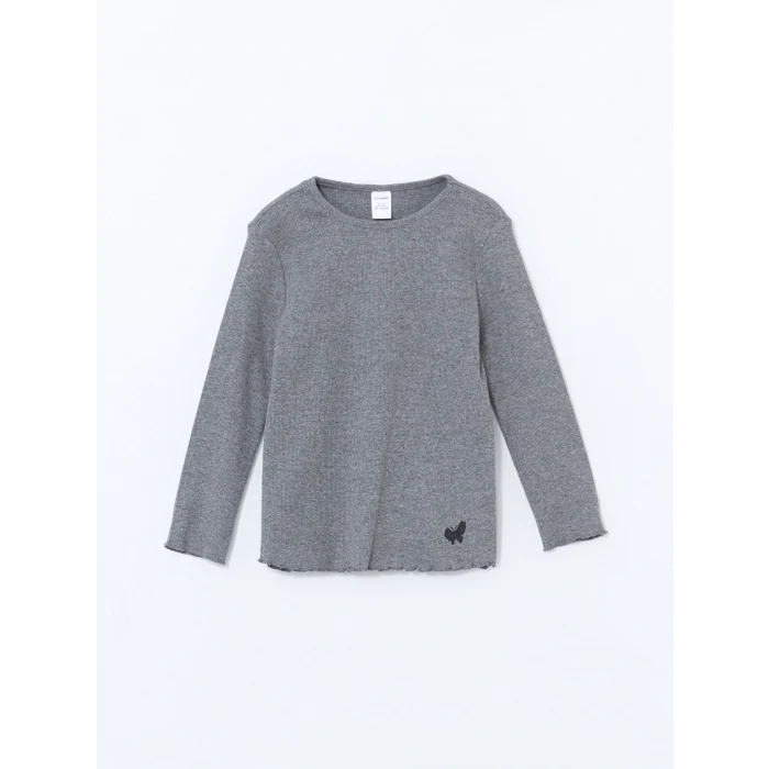 LCW Kids Antrasit Bisiklet Yaka Uzun Kollu Baskılı Kız Çocuk Tişört