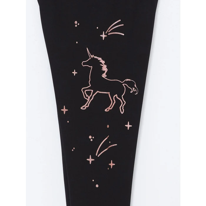 LCW Kids Siyah Beli Lastikli Baskılı Kız Çocuk Uzun Tayt