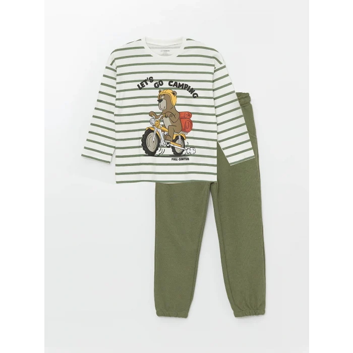 LCW Kids Ekru Bisiklet Yaka Uzun Kollu Baskılı Erkek Bebek Pijama Takımı