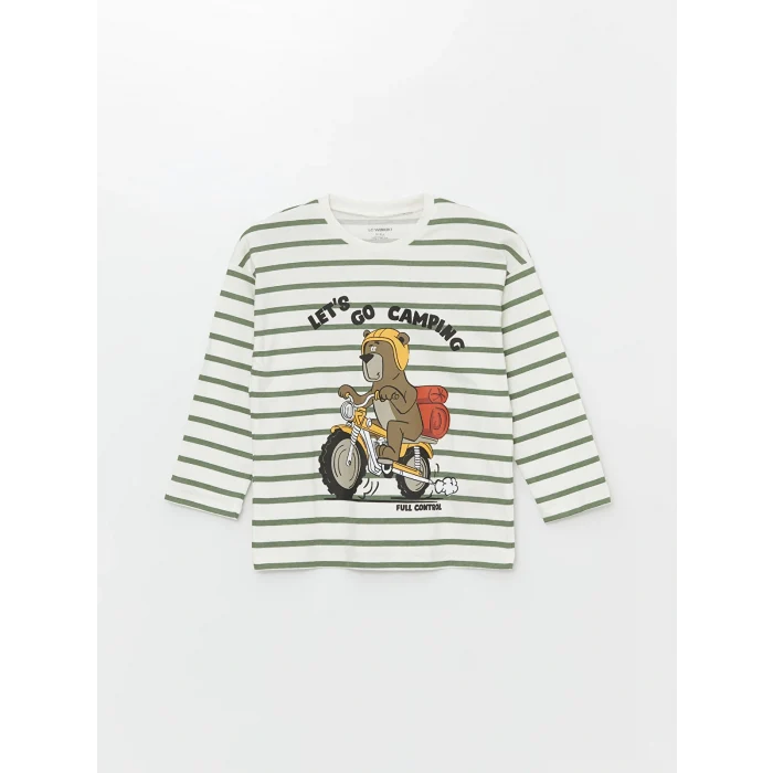 LCW Kids Ekru Bisiklet Yaka Uzun Kollu Baskılı Erkek Bebek Pijama Takımı