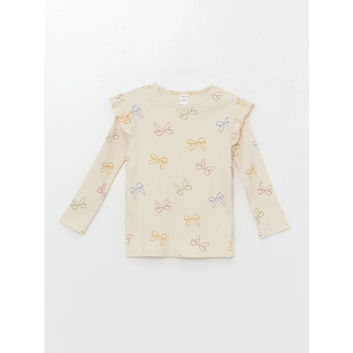 LCW Kids Ekru Bisiklet Yaka Baskılı Kız Çocuk Tişört