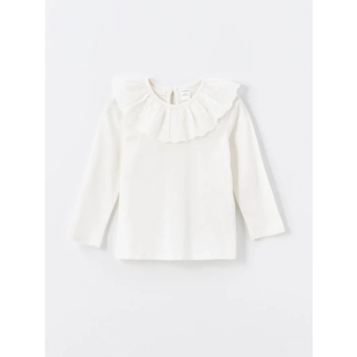 LCW Kids Ekru Bisiklet Yaka Uzun Kollu Nakışlı Kız Çocuk Tişört