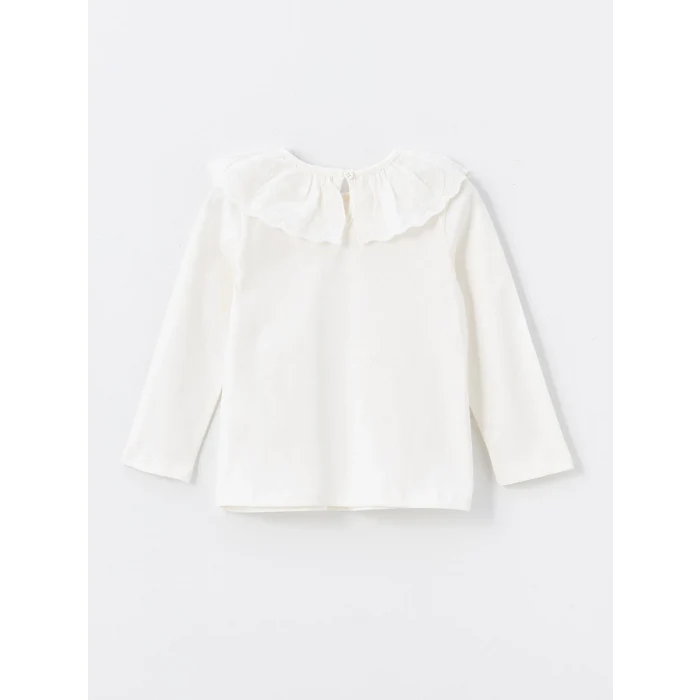 LCW Kids Ekru Bisiklet Yaka Uzun Kollu Nakışlı Kız Çocuk Tişört