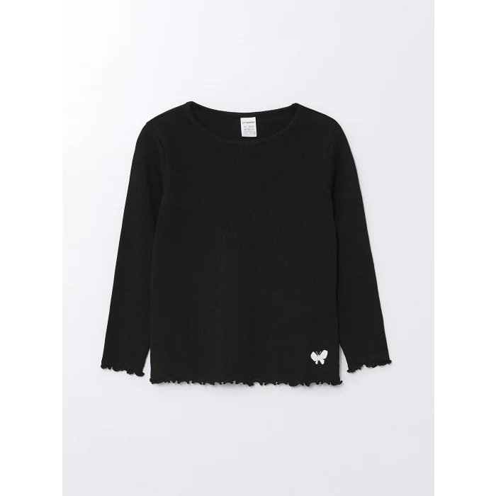 LCW Kids Siyah Bisiklet Yaka Uzun Kollu Baskılı Kız Çocuk Tişört