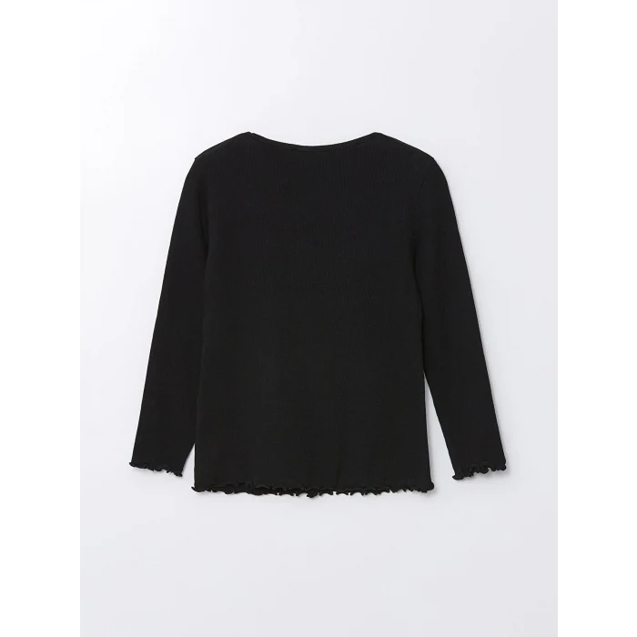 LCW Kids Siyah Bisiklet Yaka Uzun Kollu Baskılı Kız Çocuk Tişört