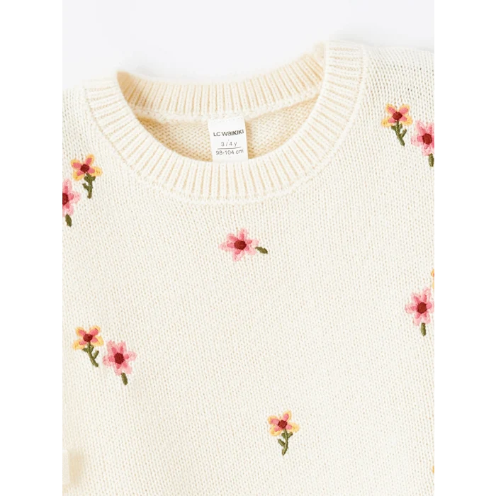 LCW Kids Ekru Bisiklet Yaka Çiçekli Kız Çocuk Triko Süveter