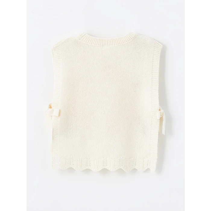 LCW Kids Ekru Bisiklet Yaka Çiçekli Kız Çocuk Triko Süveter