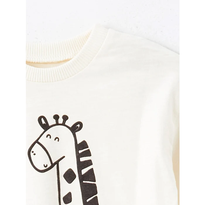 LCW baby Bej Bisiklet Yaka Uzun Kollu Baskılı Erkek Bebek Tişört ve Eşofman Alt 2li Takım