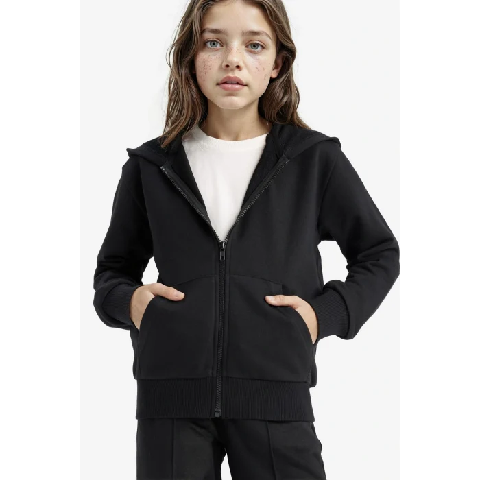Defacto C8110A8BK81 Siyah Kız Çocuk Basic Düz Kapüşonlu Okul Fermuarlı Sweatshirt