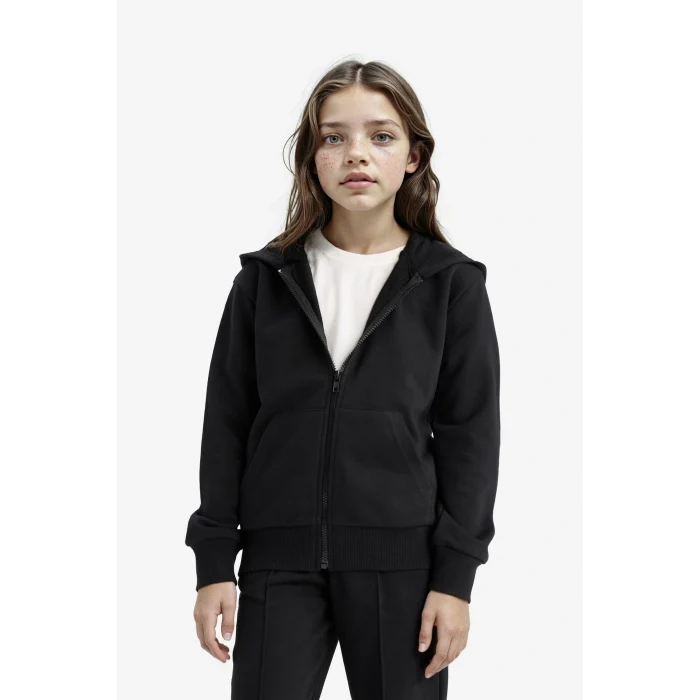 Defacto C8110A8BK81 Siyah Kız Çocuk Basic Düz Kapüşonlu Okul Fermuarlı Sweatshirt