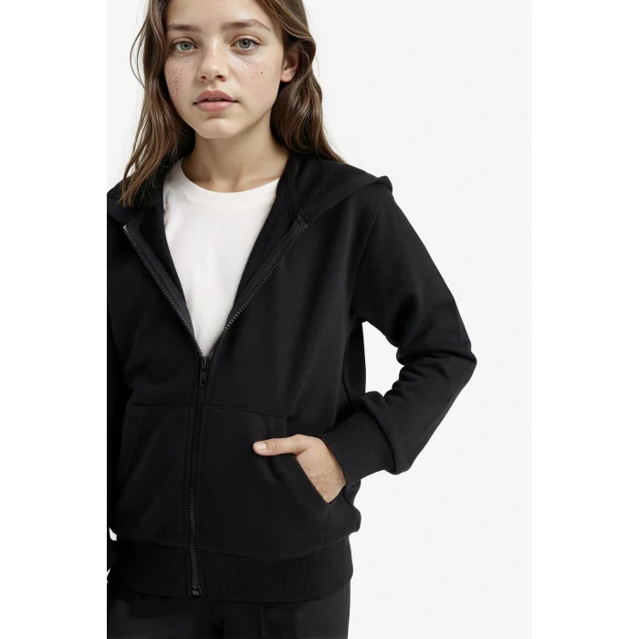 Defacto C8110A8BK81 Siyah Kız Çocuk Basic Düz Kapüşonlu Okul Fermuarlı Sweatshirt