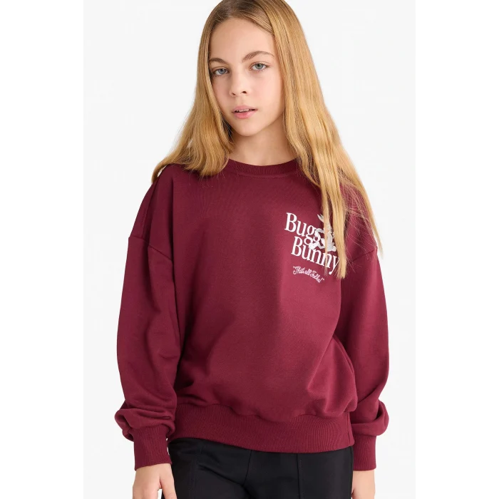 Defacto F3199A8BR115 Bordo Kız Çocuk Looney Tunes Oversize Geniş Kalıp Bisiklet Yaka Sweatshirt