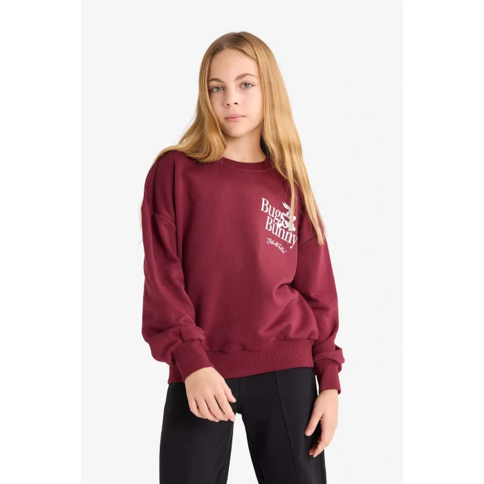 Defacto F3199A8BR115 Bordo Kız Çocuk Looney Tunes Oversize Geniş Kalıp Bisiklet Yaka Sweatshirt