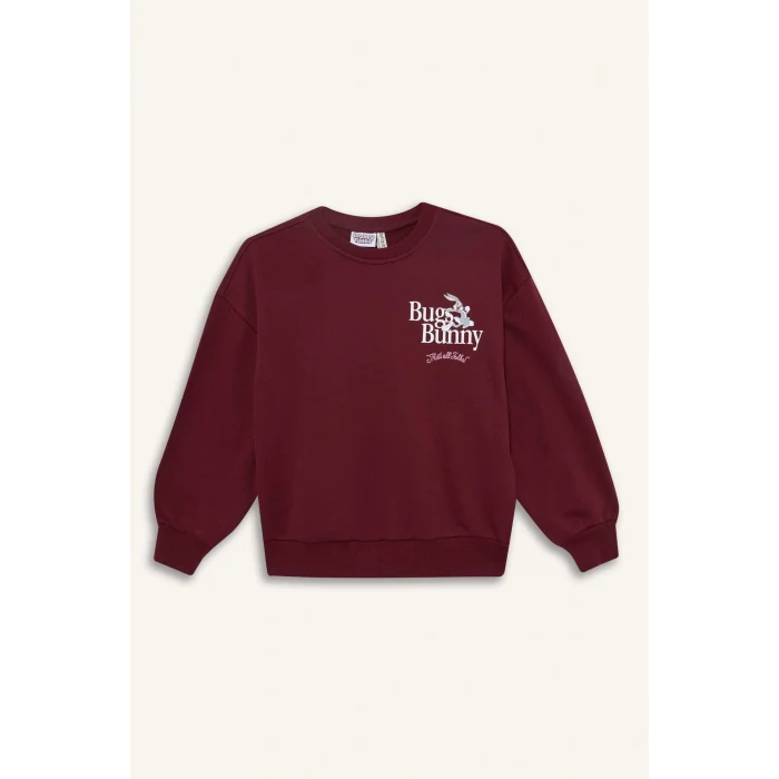Defacto F3199A8BR115 Bordo Kız Çocuk Looney Tunes Oversize Geniş Kalıp Bisiklet Yaka Sweatshirt