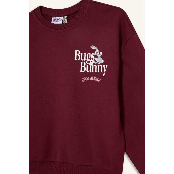 Defacto F3199A8BR115 Bordo Kız Çocuk Looney Tunes Oversize Geniş Kalıp Bisiklet Yaka Sweatshirt
