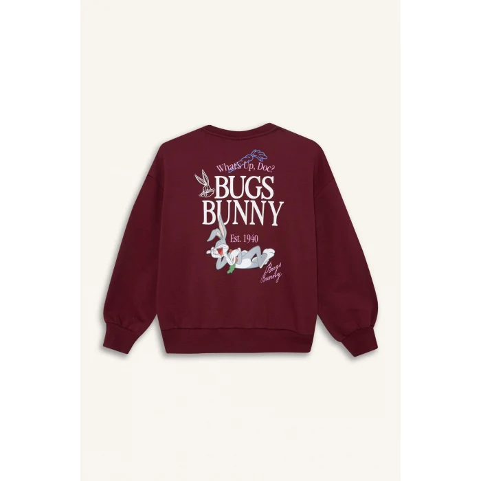 Defacto F3199A8BR115 Bordo Kız Çocuk Looney Tunes Oversize Geniş Kalıp Bisiklet Yaka Sweatshirt
