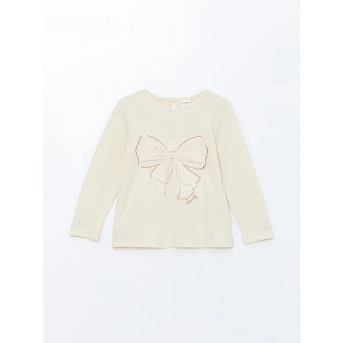LCW Kids Bej Bisiklet Yaka Uzun Kollu Baskılı Kız Çocuk Tişört