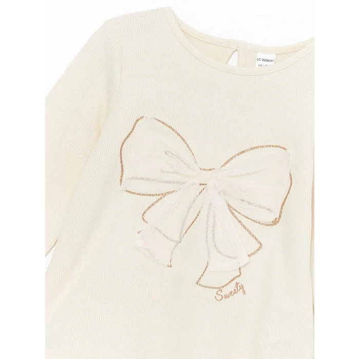 LCW Kids Bej Bisiklet Yaka Uzun Kollu Baskılı Kız Çocuk Tişört