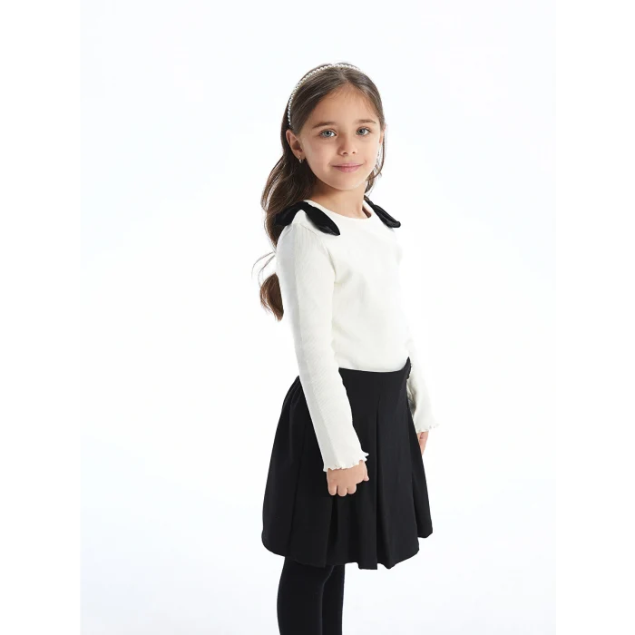LCW Kids Ekru Bisiklet Yaka Kurdele Detaylı Kız Çocuk Bluz