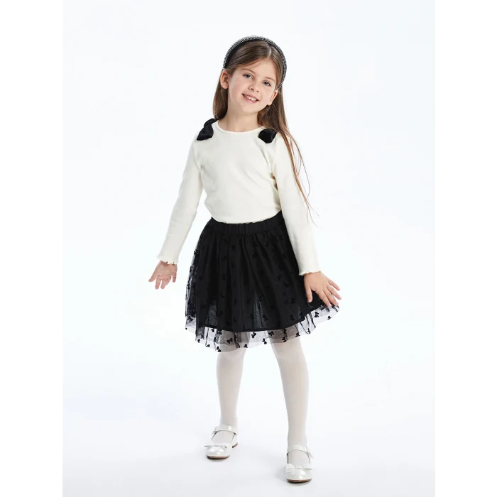 LCW Kids Ekru Bisiklet Yaka Kurdele Detaylı Kız Çocuk Bluz