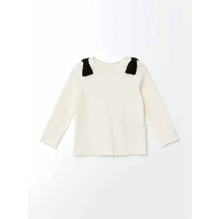 LCW Kids Ekru Bisiklet Yaka Kurdele Detaylı Kız Çocuk Bluz
