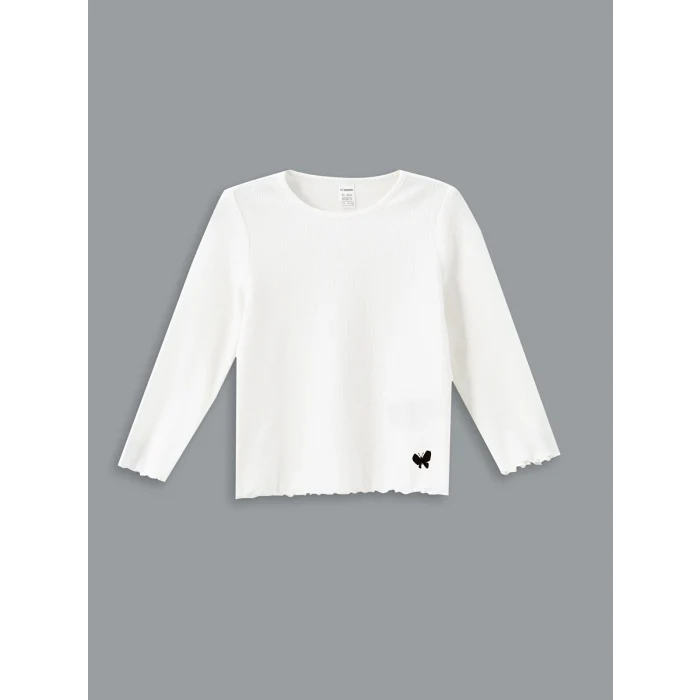 LCW Kids Ekru Bisiklet Yaka Uzun Kollu Baskılı Kız Çocuk Tişört
