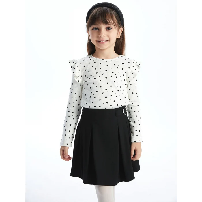 LCW Kids Ekru Bisiklet Yaka Uzun Kollu Baskılı Kız Çocuk Tişört