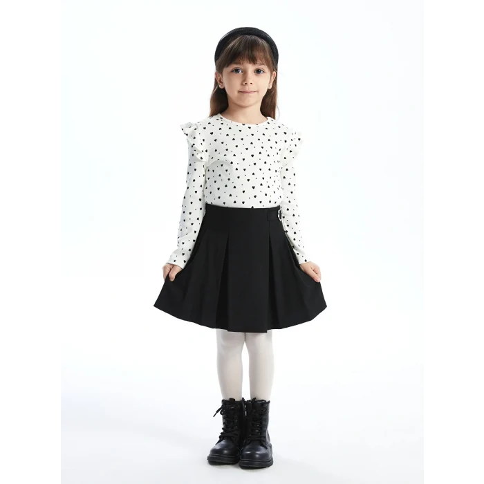 LCW Kids Ekru Bisiklet Yaka Uzun Kollu Baskılı Kız Çocuk Tişört