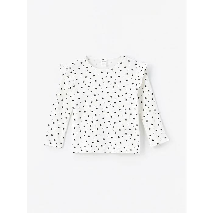 LCW Kids Ekru Bisiklet Yaka Uzun Kollu Baskılı Kız Çocuk Tişört