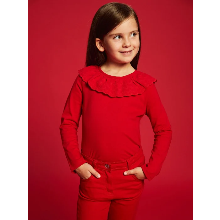 LCW Kids Kırmızı Bisiklet Yaka Uzun Kollu Nakışlı Kız Çocuk Tişört