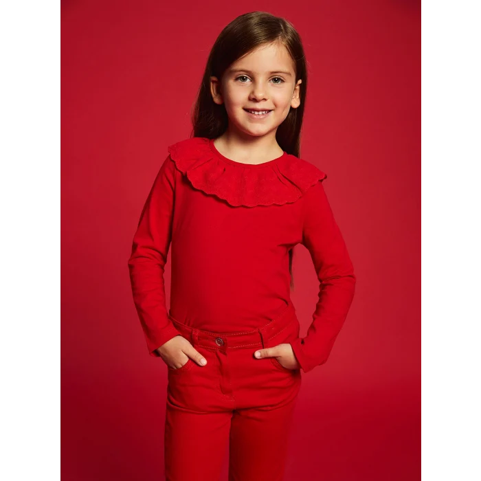 LCW Kids Kırmızı Bisiklet Yaka Uzun Kollu Nakışlı Kız Çocuk Tişört