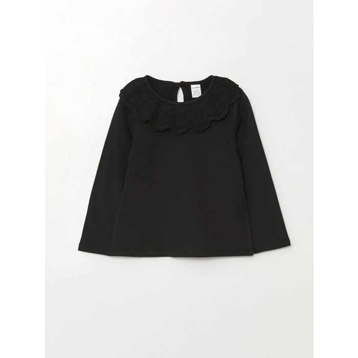 LCW Kids Siyah Bisiklet Yaka Uzun Kollu Nakışlı Kız Çocuk Tişört