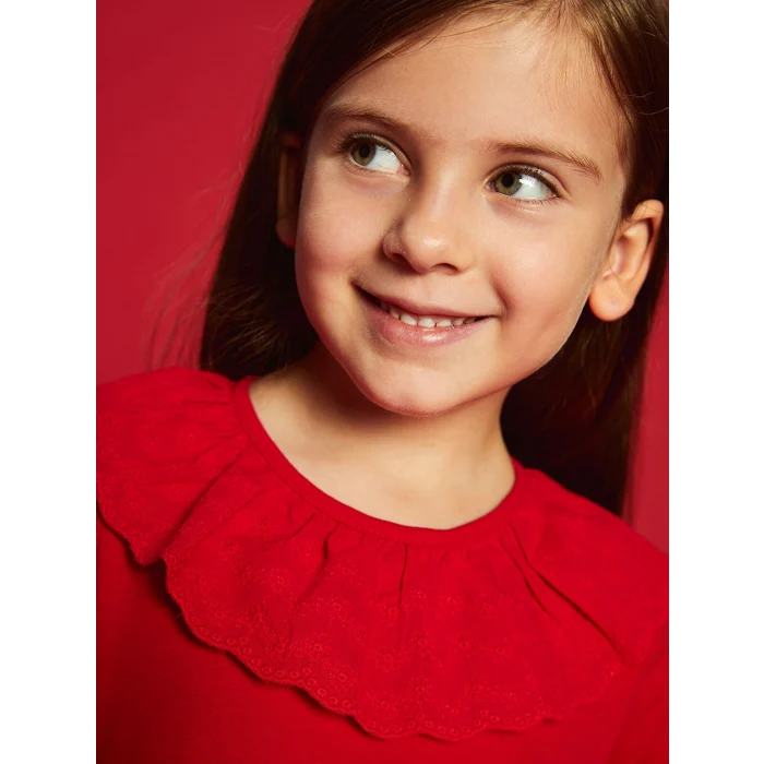 LCW Kids Kırmızı Bisiklet Yaka Uzun Kollu Nakışlı Kız Çocuk Tişört