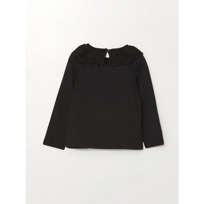 LCW Kids Siyah Bisiklet Yaka Uzun Kollu Nakışlı Kız Çocuk Tişört