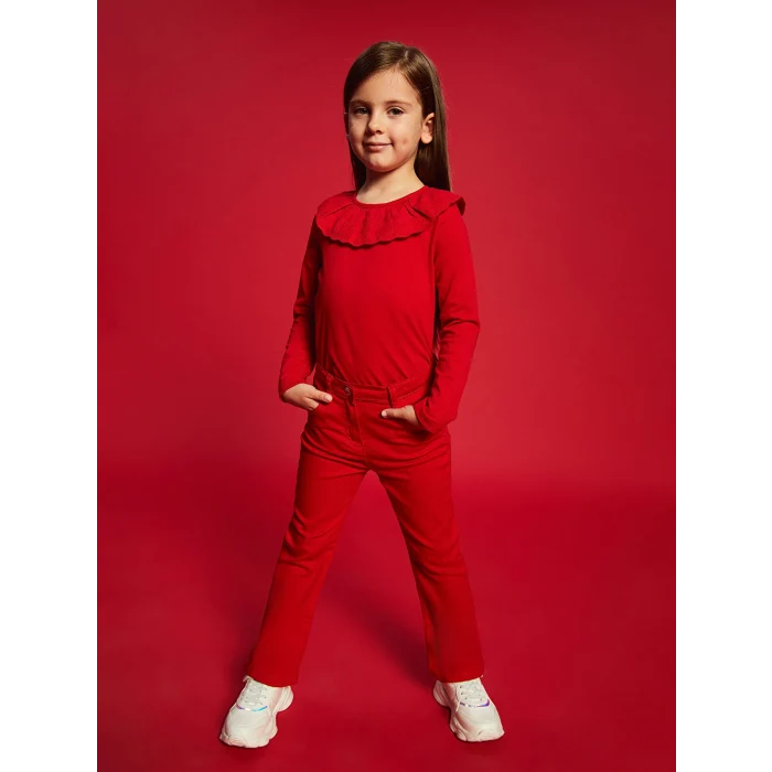 LCW Kids Kırmızı Bisiklet Yaka Uzun Kollu Nakışlı Kız Çocuk Tişört