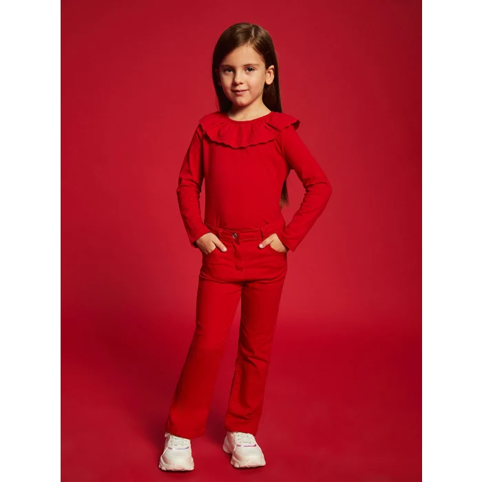 LCW Kids Kırmızı Bisiklet Yaka Uzun Kollu Nakışlı Kız Çocuk Tişört