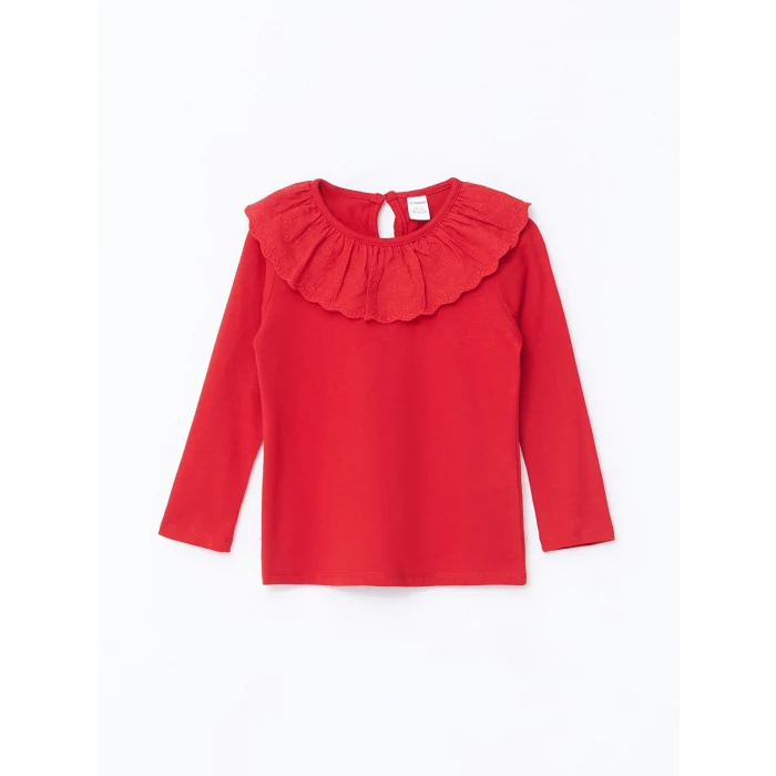 LCW Kids Kırmızı Bisiklet Yaka Uzun Kollu Nakışlı Kız Çocuk Tişört