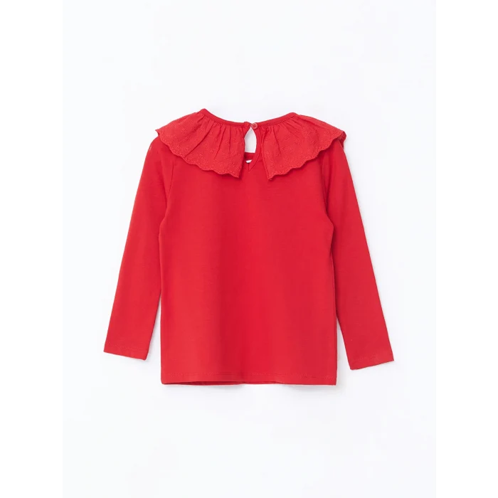 LCW Kids Kırmızı Bisiklet Yaka Uzun Kollu Nakışlı Kız Çocuk Tişört