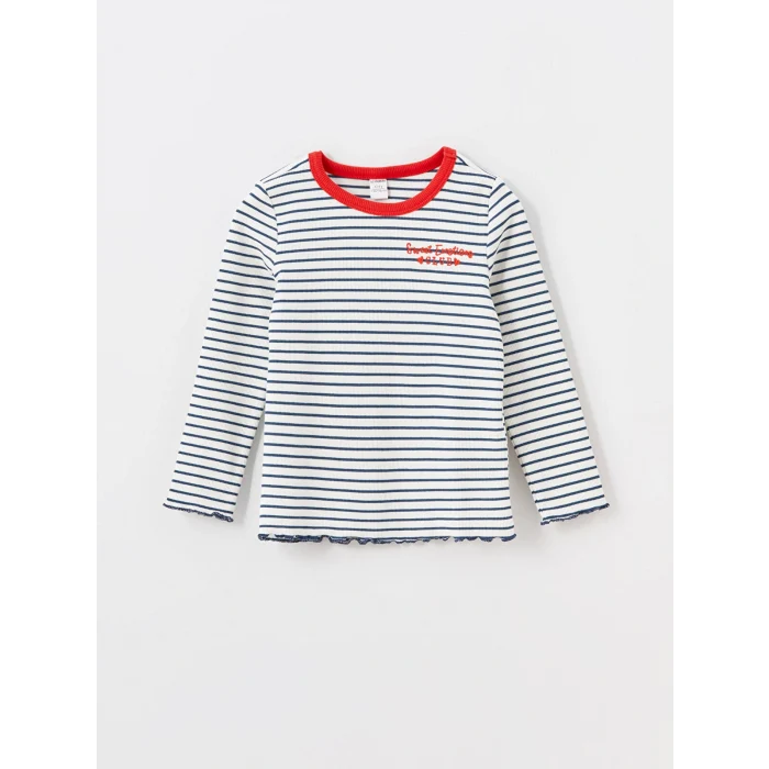 LCW Kids Lacivert Bisiklet Yaka Uzun Kollu Çizgili Kız Çocuk Tişört