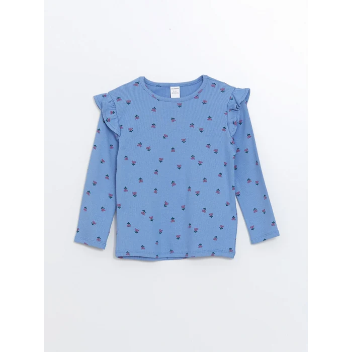 LCW Kids Mavi Bisiklet Yaka Uzun Kollu Çiçekli Kız Çocuk Tişört