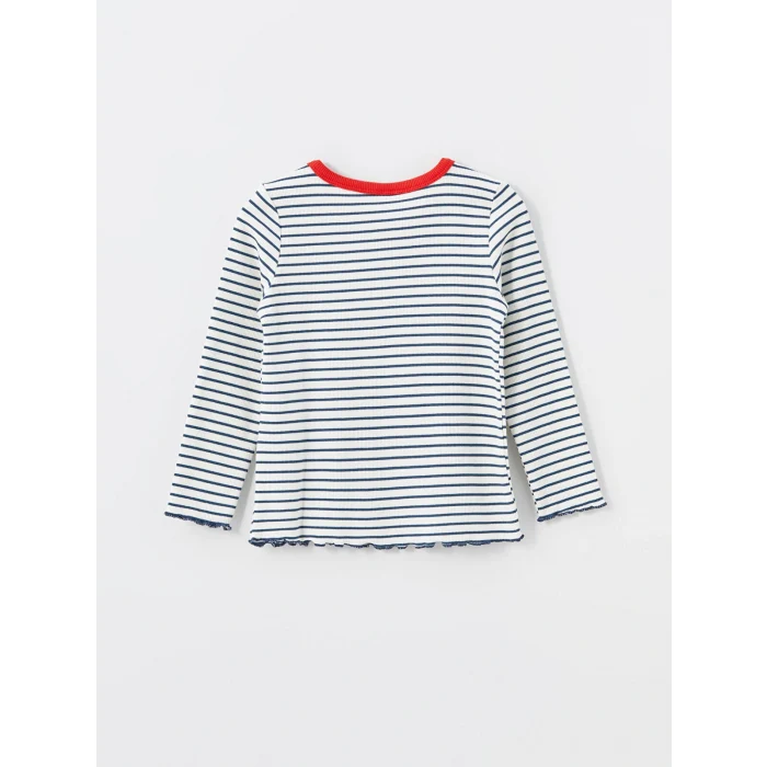 LCW Kids Lacivert Bisiklet Yaka Uzun Kollu Çizgili Kız Çocuk Tişört
