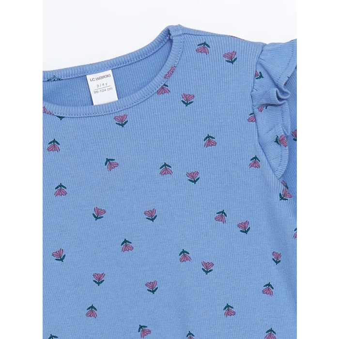 LCW Kids Mavi Bisiklet Yaka Uzun Kollu Çiçekli Kız Çocuk Tişört